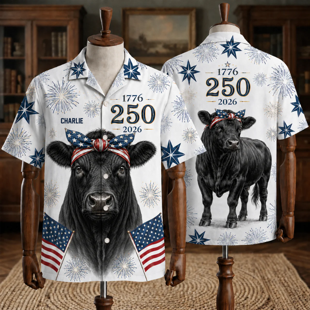 Angus Cow Heifer Patriotic American Flag Bandana 250th - Personalized Hawaiian Shirt - Gift For Family