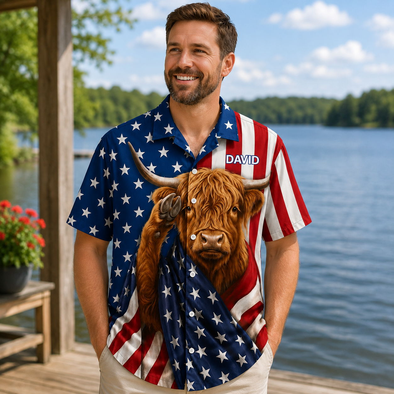 Highland Cow Saluting USA American Flag - Personalized Hawaiian Shirt - Gift For Him