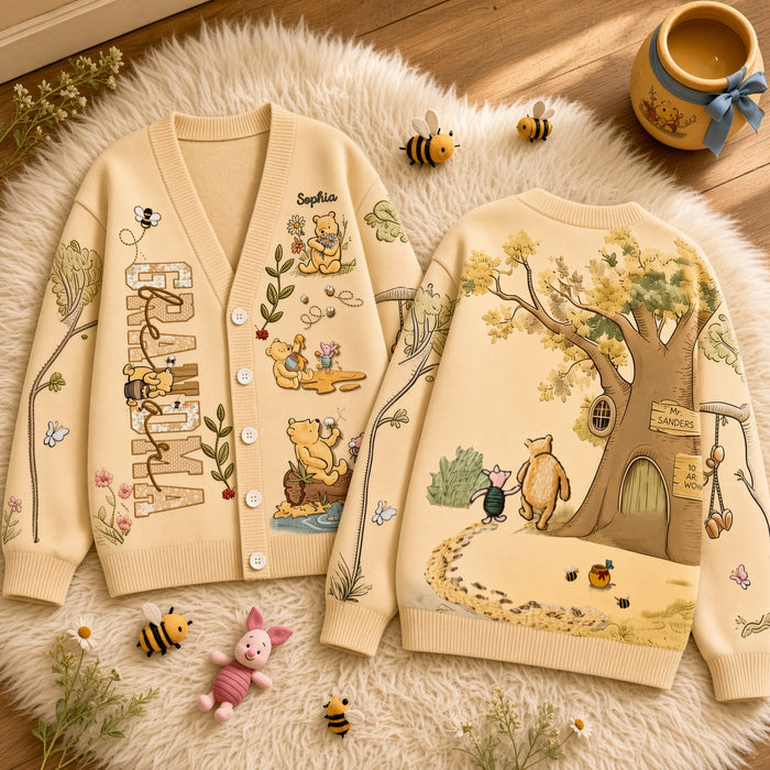 Honey Bear Custom Name Knit Sweater Cozy Birthday Gift For Grandma, Mom - Personalized Knitted Cardigan-DN2508261113