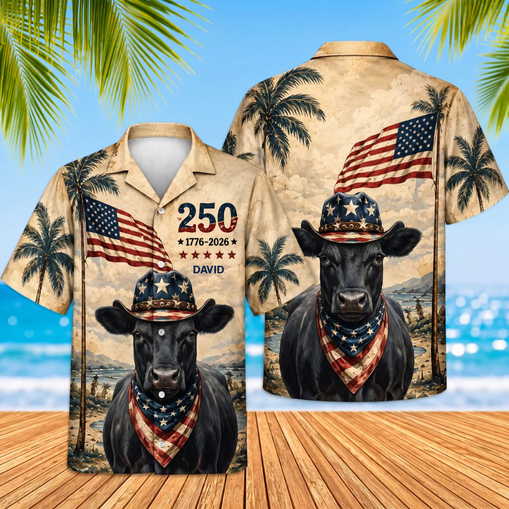Cowboy Angus Cow USA 250th Anniversary Vintage Beach - Personalized Hawaiian Shirt - Gift For Family