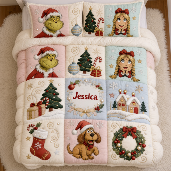 Grch Green Monster Mischievous Holiday Friends - Personalized Quilted Bedding Set - Christmas Gift For Family