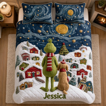 Grch Green Monster Festive Holiday Custom Name Christmas Gift For Family - Personalized Quilted Bedding Set