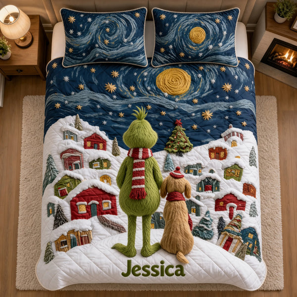 Grch Green Monster Festive Holiday Custom Name Christmas Gift For Family - Personalized Quilted Bedding Set