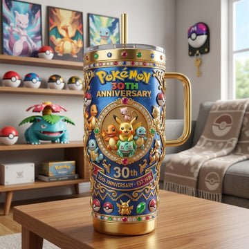 PoMo Celebrate 30 Years Of Catching Them All - Personalized Tumbler Cup With Handle - Anniversary Gift For Movie Fans BA01