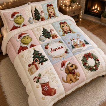 Grch Green Monster Mischievous Holiday Friends - Personalized Quilted Bedding Set - Christmas Gift For Family