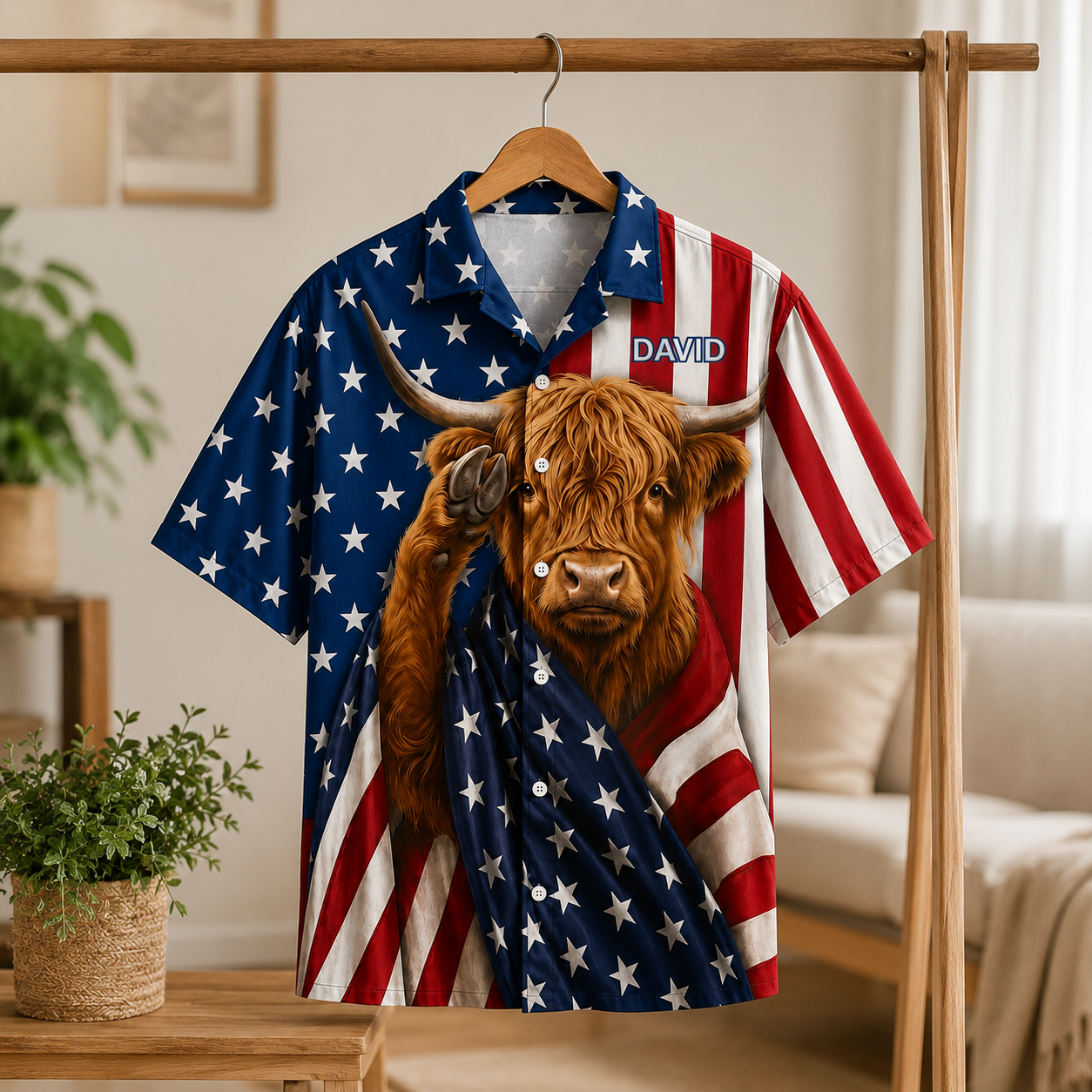 Highland Cow Saluting USA American Flag - Personalized Hawaiian Shirt - Gift For Him - image 2