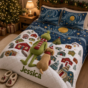 Grch Green Monster Festive Holiday Custom Name Christmas Gift For Family - Personalized Quilted Bedding Set