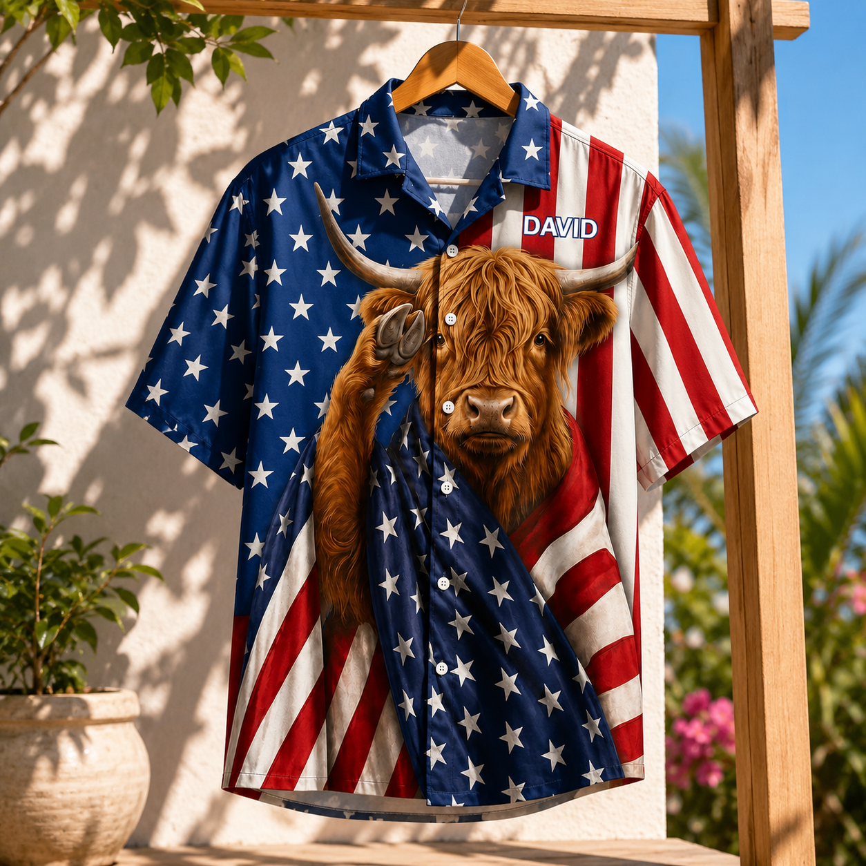 Highland Cow Saluting USA American Flag - Personalized Hawaiian Shirt - Gift For Him - image 3