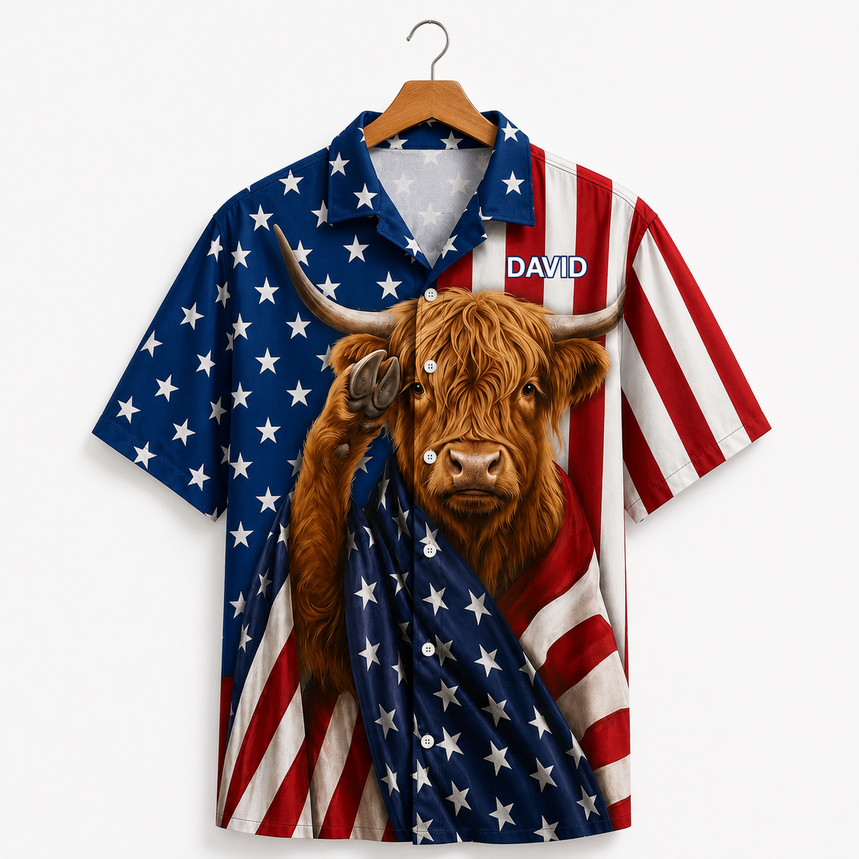 Highland Cow Saluting USA American Flag - Personalized Hawaiian Shirt - Gift For Him - image 6