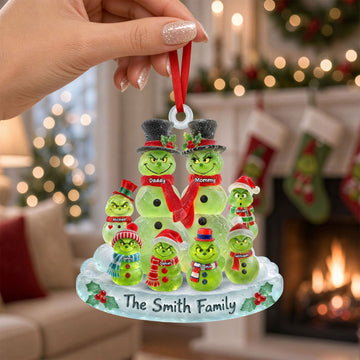 Grch Green Monster Mischief Snowman Family Custom Name Christmas Gift - Personalized Acrylic Ornament HH01