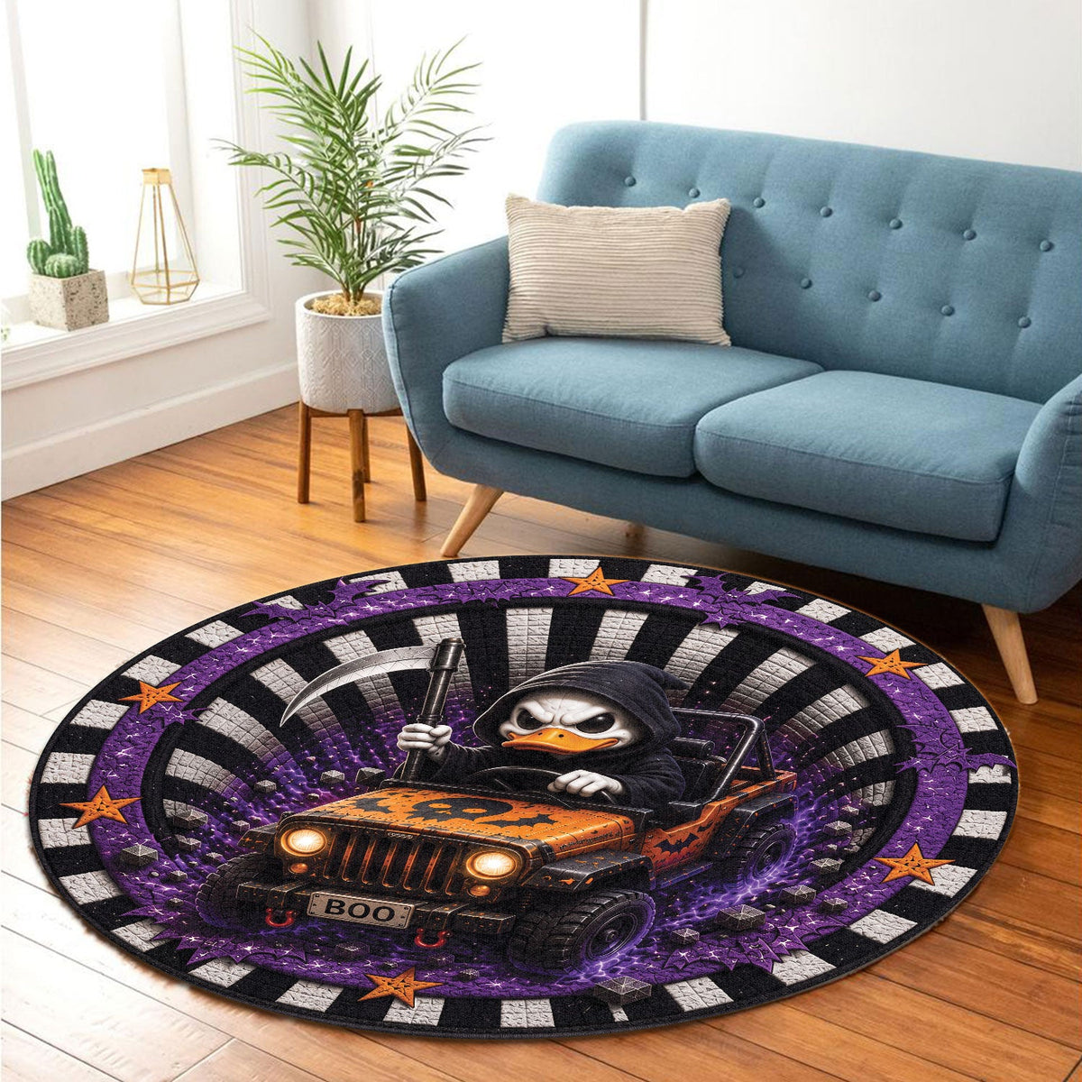 Jeep Halloween Grim Reaper 3D Illusion Round Rug-DN2808261038