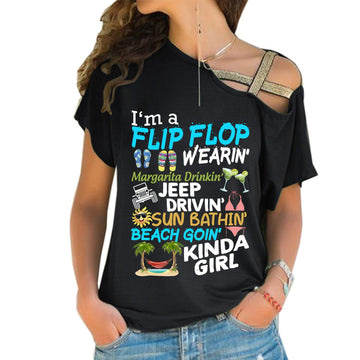 I'm A Flip Flop Margarita Jeep Drivin' Kinda Girl Criss-Cross One Shoulder Shirt TN2407261059