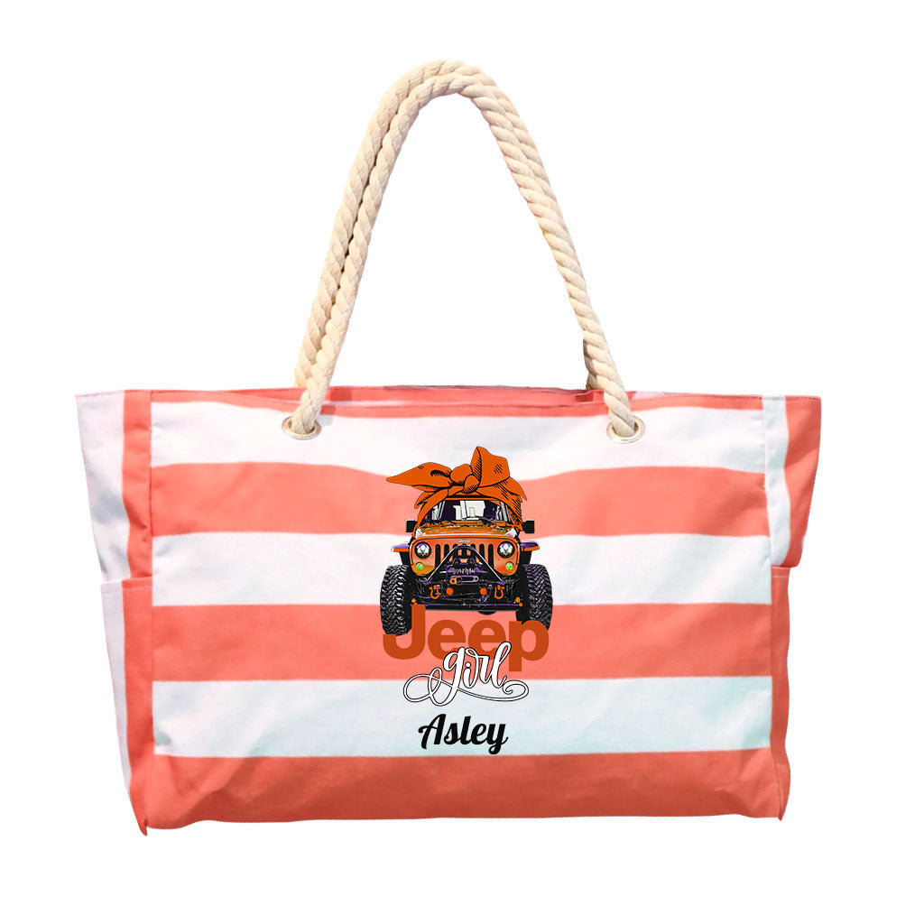 Jeep Girl Bow Personalized Striped Beach Bag TN2407261604