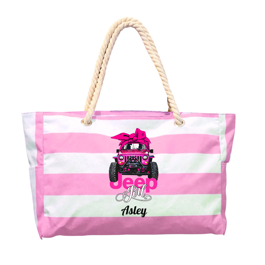 Jeep Girl Bow Personalized Striped Beach Bag TN2407261604