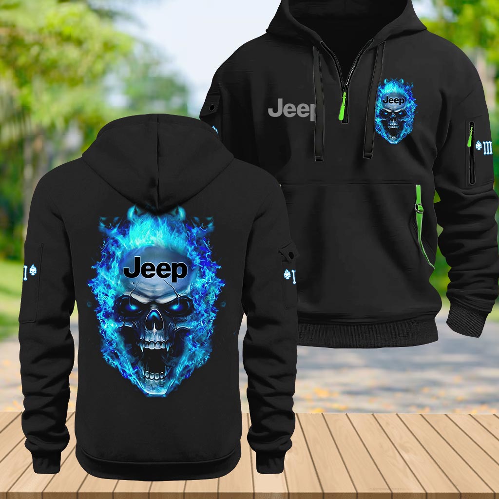 Jeep Blue Flame Skull Quarter Zip Hoodie Supler Store