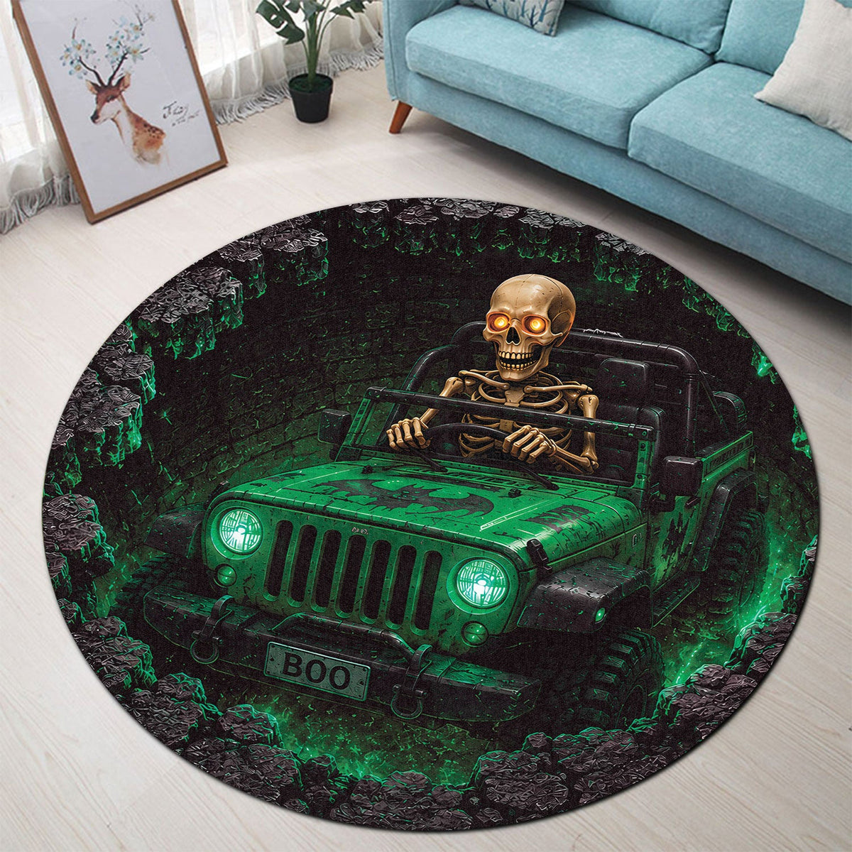 Jeep Skeleton 3D Illusion Stone Well Round Rug-DN2808261041