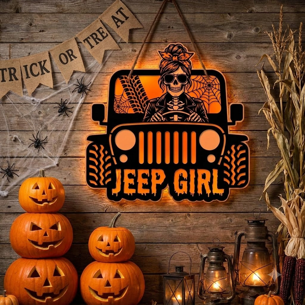 Jeep Skull Girl Luminous Wooden Sign-DN2808260956