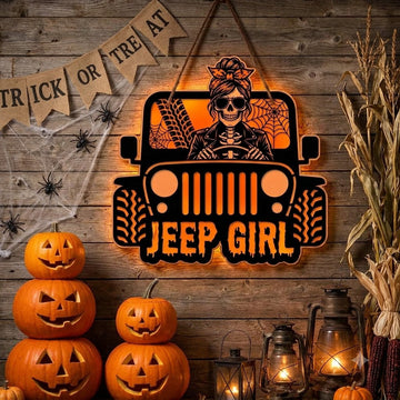 Jeep Skull Girl Luminous Wooden Sign-DN2808260956