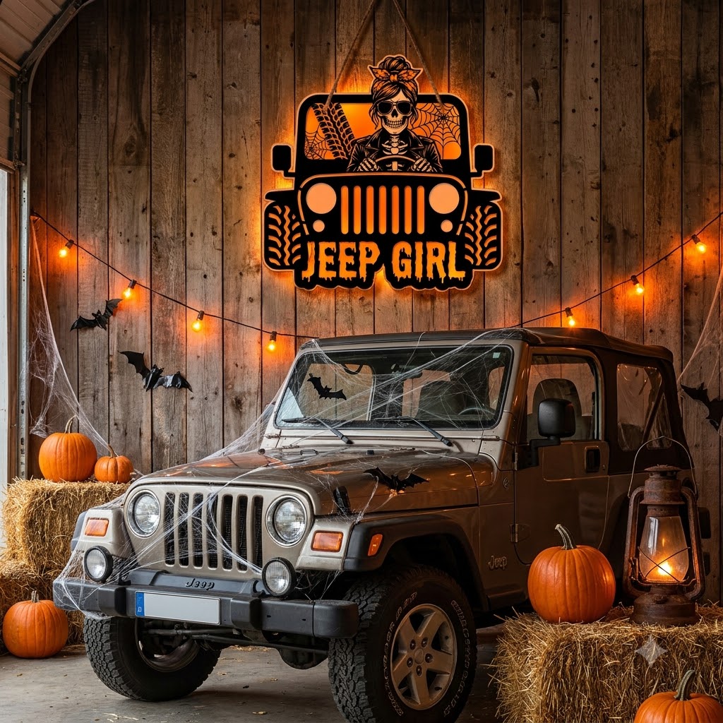Jeep Skull Girl Luminous Wooden Sign-DN2808260956