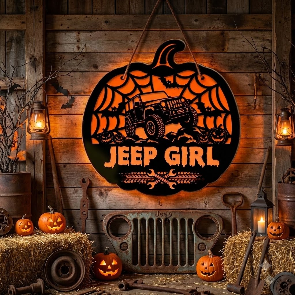 Jeep Girl Pumpkin Luminous Wooden Sign-DN2808260952