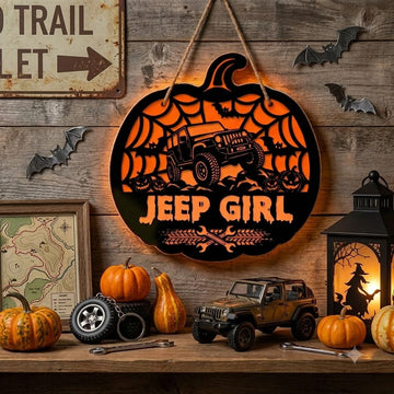 Jeep Girl Pumpkin Luminous Wooden Sign-DN2808260952
