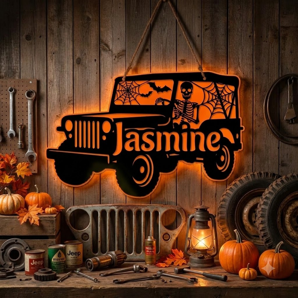 Jeep Skeleton Personalized Luminous Wooden Sign-DN2808260957