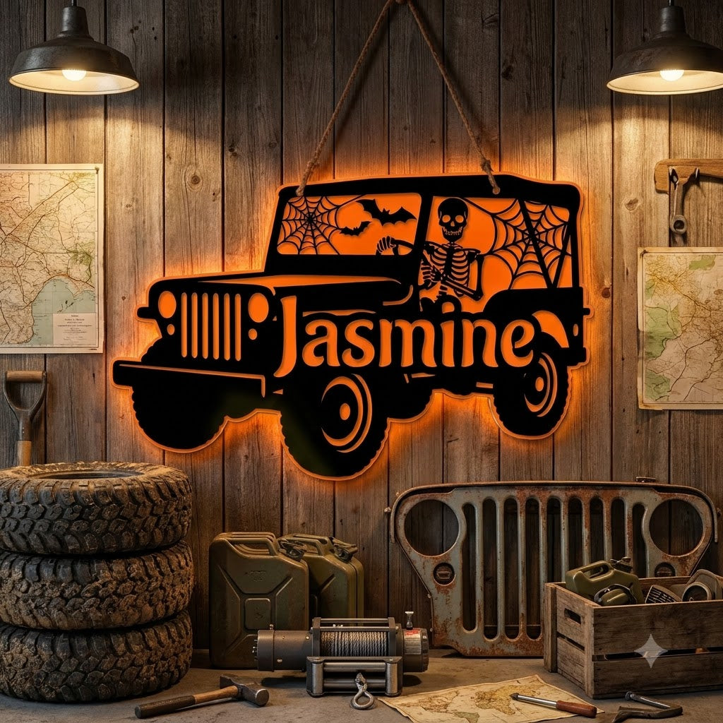 Jeep Skeleton Personalized Luminous Wooden Sign-DN2808260957