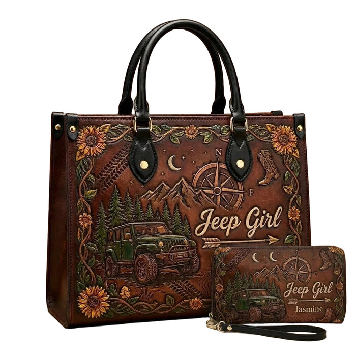 Jeep Girl Sunflower Personalized Leather Bag + Free Wallet TN2407261541