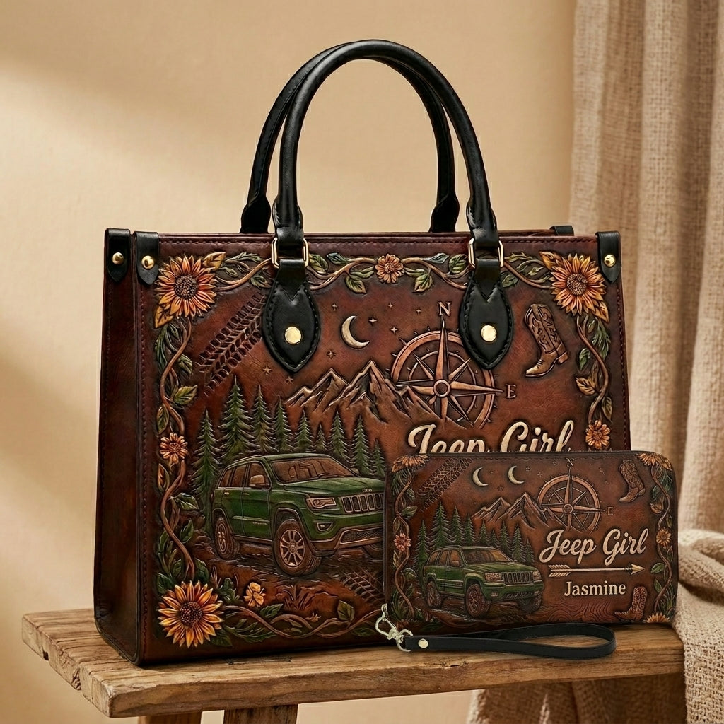 Jeep Girl Sunflower Personalized Leather Bag + Free Wallet TN2407261541