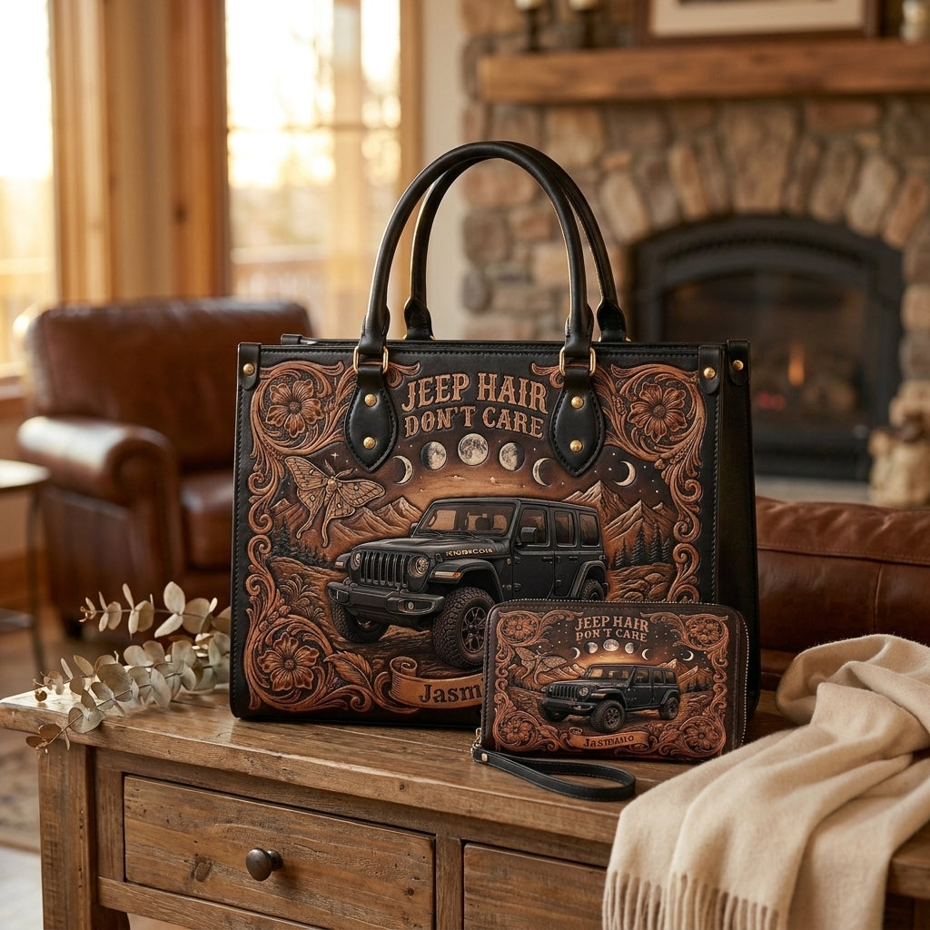 Jeep Hair Don't Care Personalized Leather Bag + Free Wallet TN2407261357