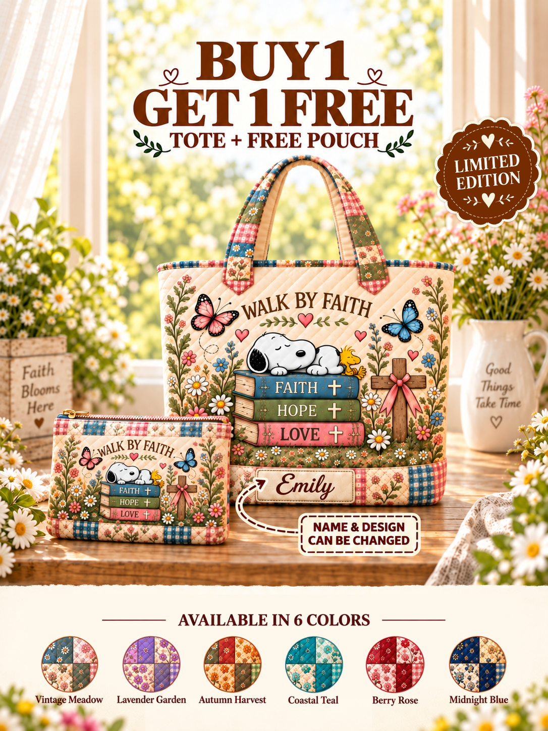 Walk By Faith Gift For Her - Personalized Quilted Tote Bag