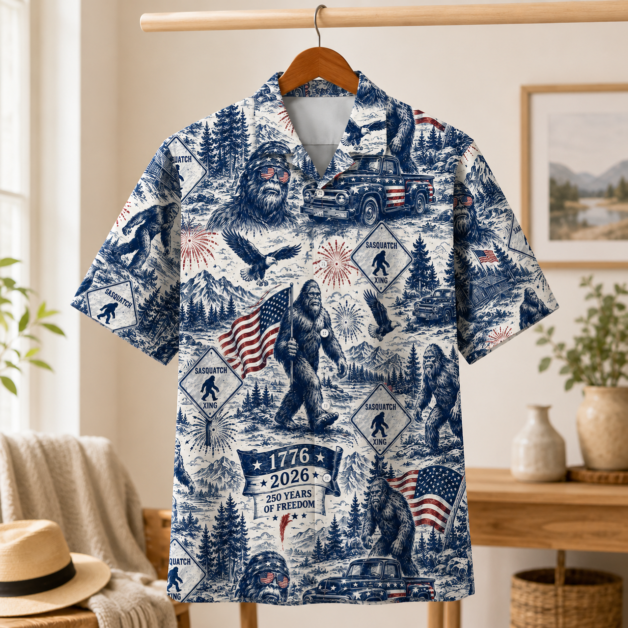 Sasquatch 250 Years Of Freedom American Flag - Hawaiian Shirt - Gift for Patriots