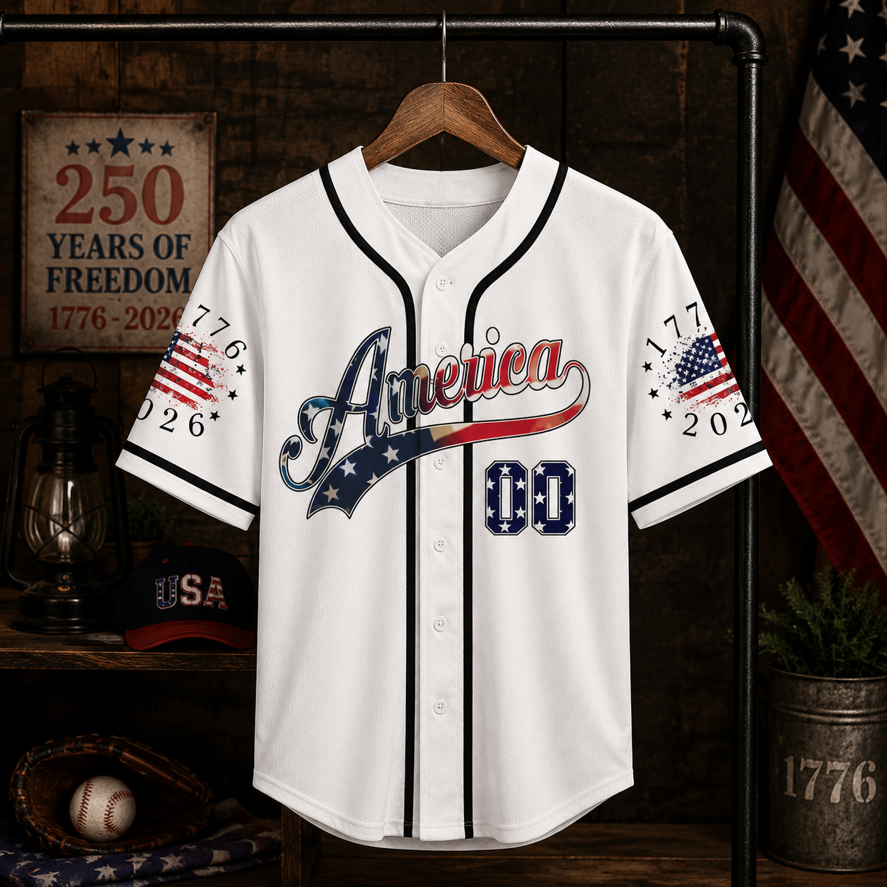 America 250 Years of Freedom Red White Blue Flag And Flowers - Personalized Baseball Jersey - Gift For Patriots - image 4