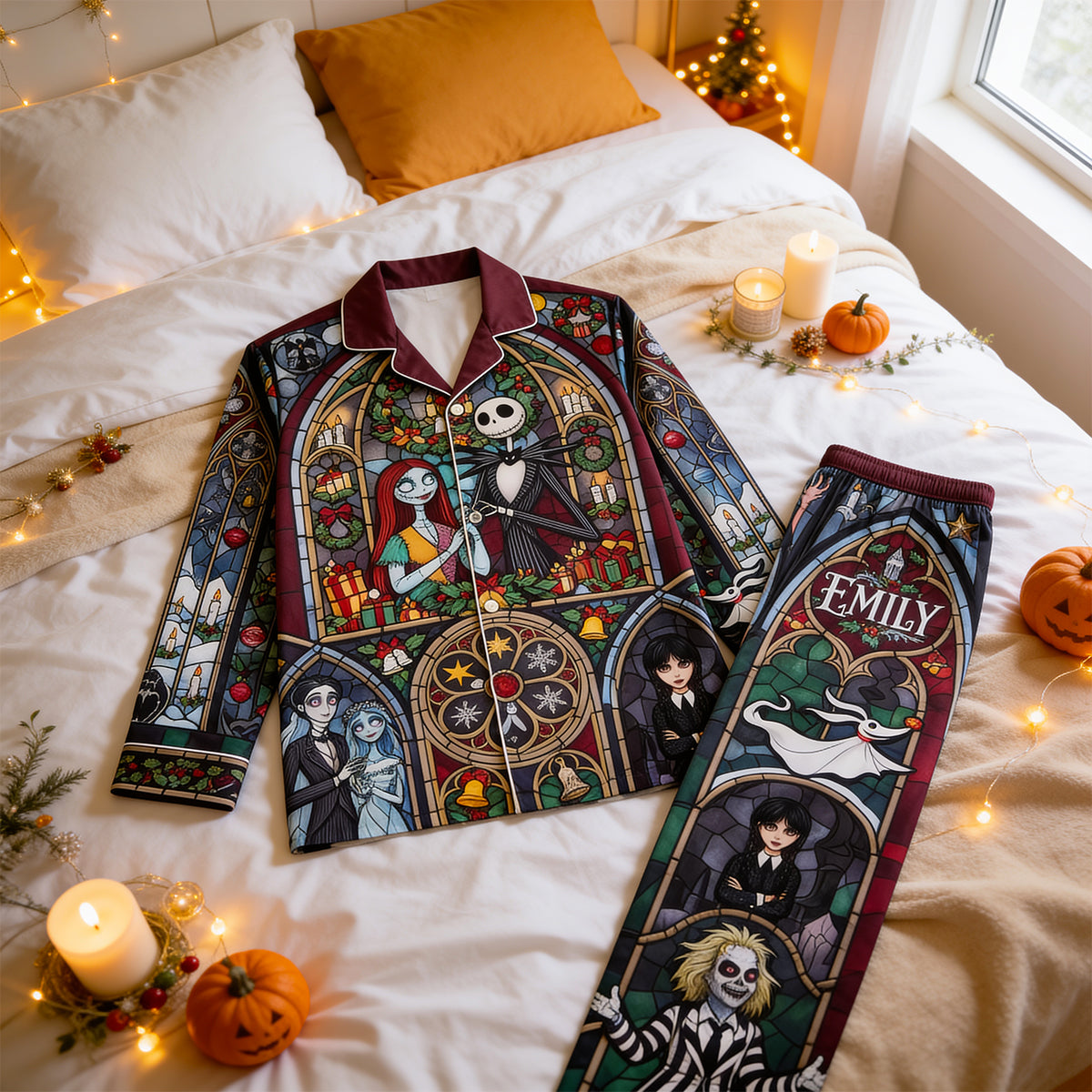 "Embrace the Spookiness!" - Personalized Spooky Pajama Set for Halloween - A Unique Gift for Friends and Family Pajama Set PopCulturePrints