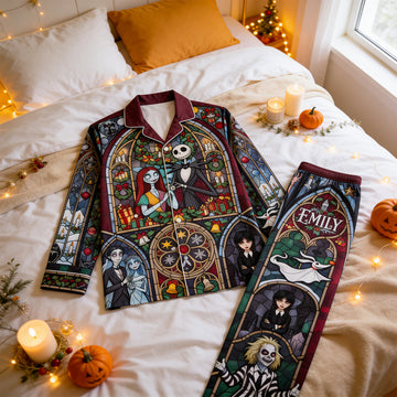 "Embrace the Spookiness!" - Personalized Spooky Pajama Set for Halloween - A Unique Gift for Friends and Family Pajama Set PopCulturePrints