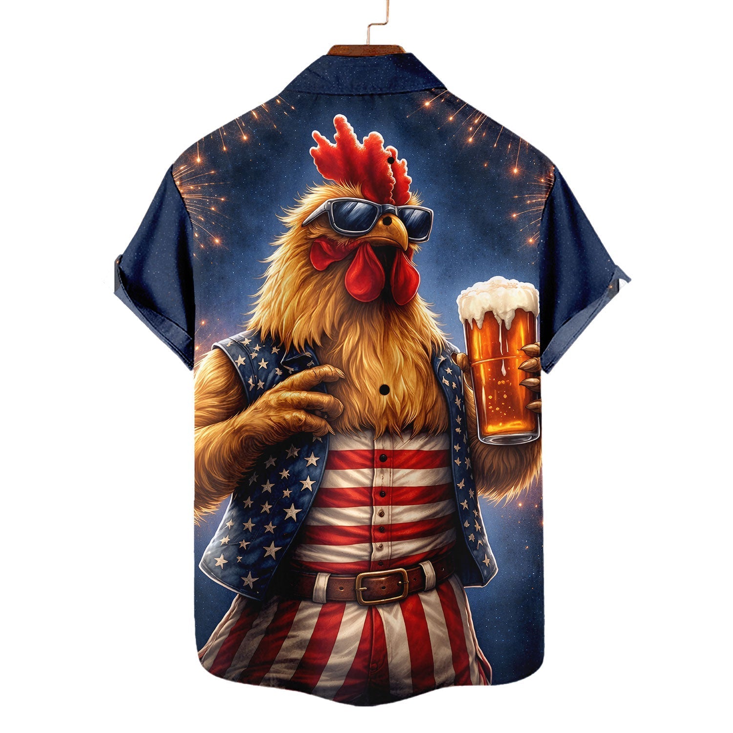 Funny Rooster Drinking Beer American Flag Aloha - Hawaiian Shirt - Gift For Him