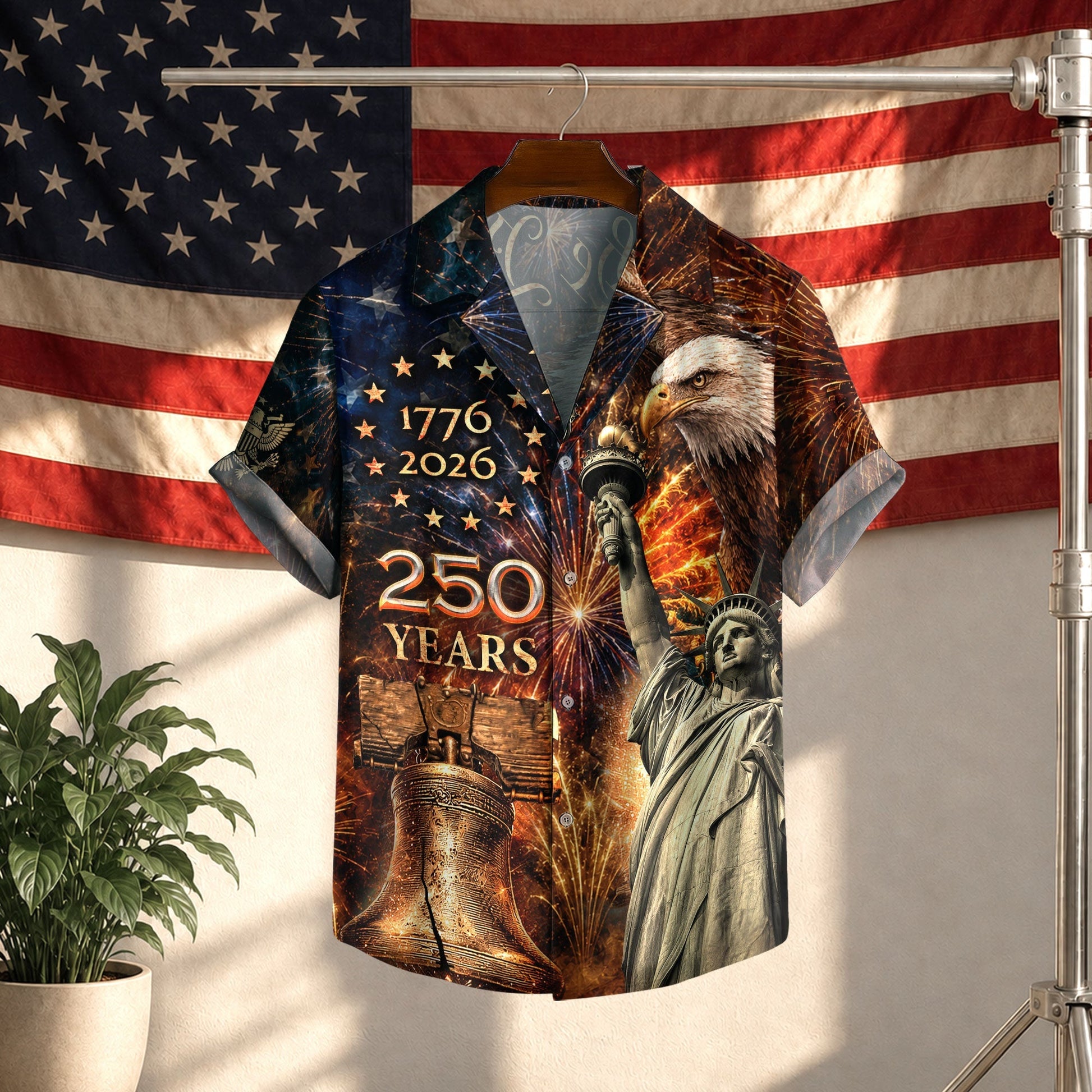 America 250th Anniversary Fireworks Liberty And Eagle Tribute Hawaiian Shirt - Patriotic Gift For Him HN02