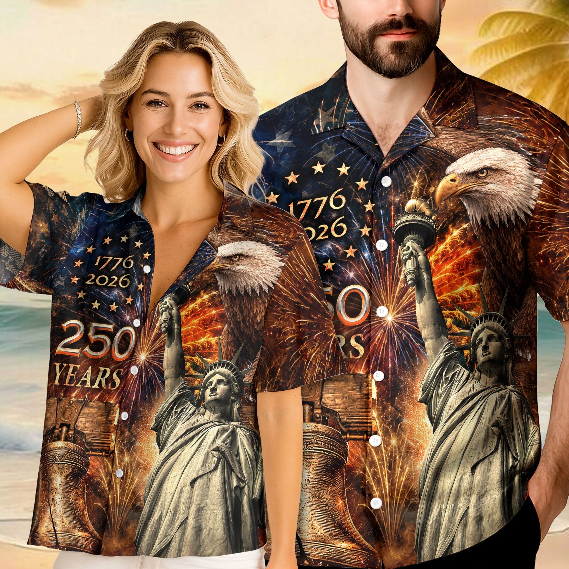 America 250th Anniversary Fireworks Liberty And Eagle Tribute Hawaiian Shirt - Patriotic Gift For Him HN02