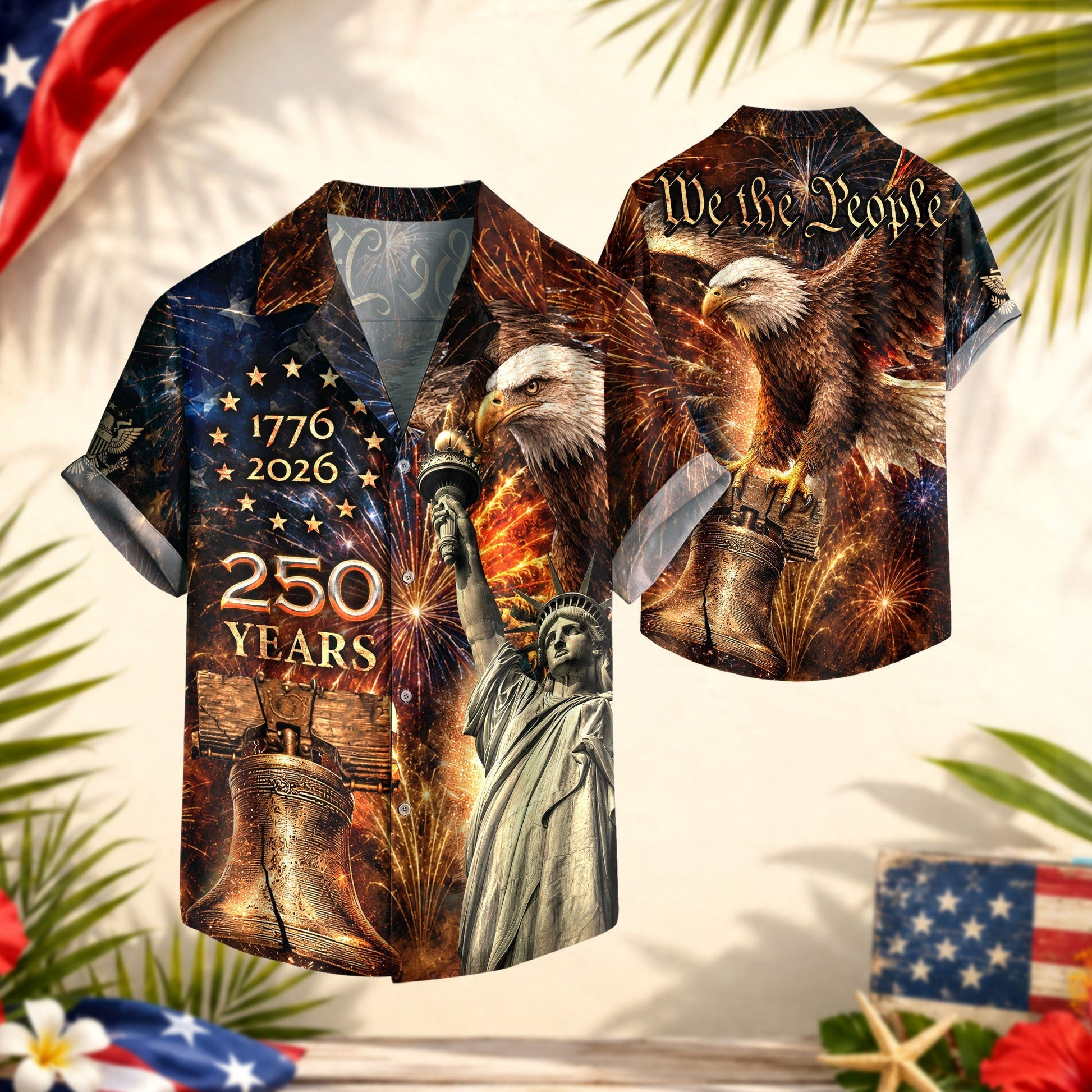 America 250th Anniversary Fireworks Liberty And Eagle Tribute Hawaiian Shirt - Patriotic Gift For Him HN02