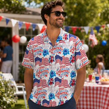 250 Years America With Flag Hibiscus - Hawaiian Shirt - Gift for Patriots - image 2