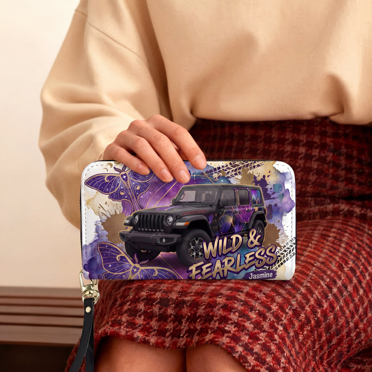 Wild & Fearless Purple Butterfly Jeep Personalized Leather Bag + FREE Wallet TN2407261401