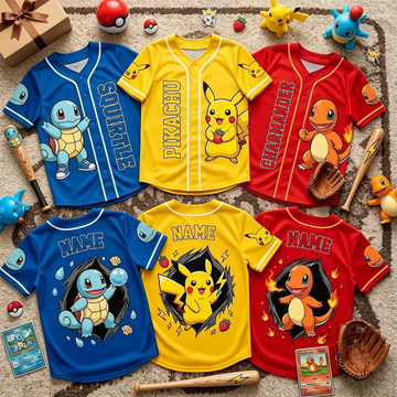 Personalized PoMo Jersey, Custom Anime Kids Birthday Shirt, Family Matching Outfit, Custom Pika Charmander Squirtle Jersey TN0107261419