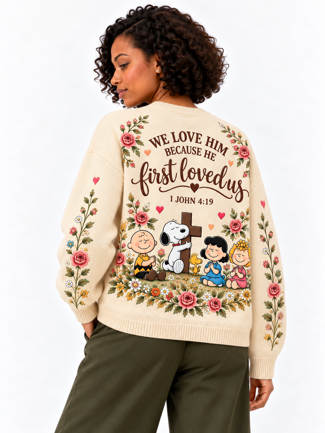 He First Loved Us 1 John 4:19 Christian Gift For Her - Personalized Knitted Cardigan
