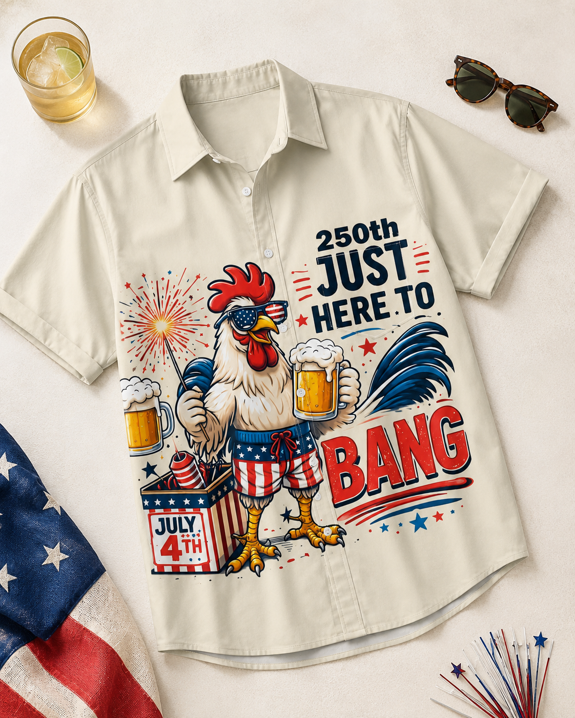 Funny 250th Anniversary Rooster Just Here To Bang Patriotic Chicken Beer - Personalized Hawaiian Shirt - Gift For Dad, Patriots - image 2