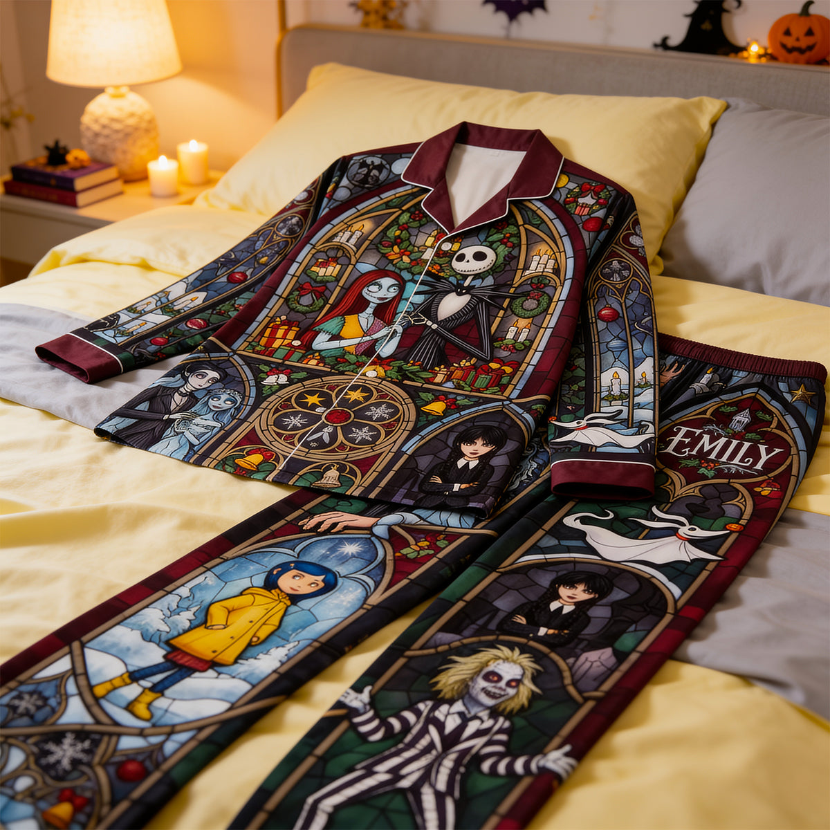 "Embrace the Spookiness!" - Personalized Spooky Pajama Set for Halloween - A Unique Gift for Friends and Family Pajama Set PopCulturePrints
