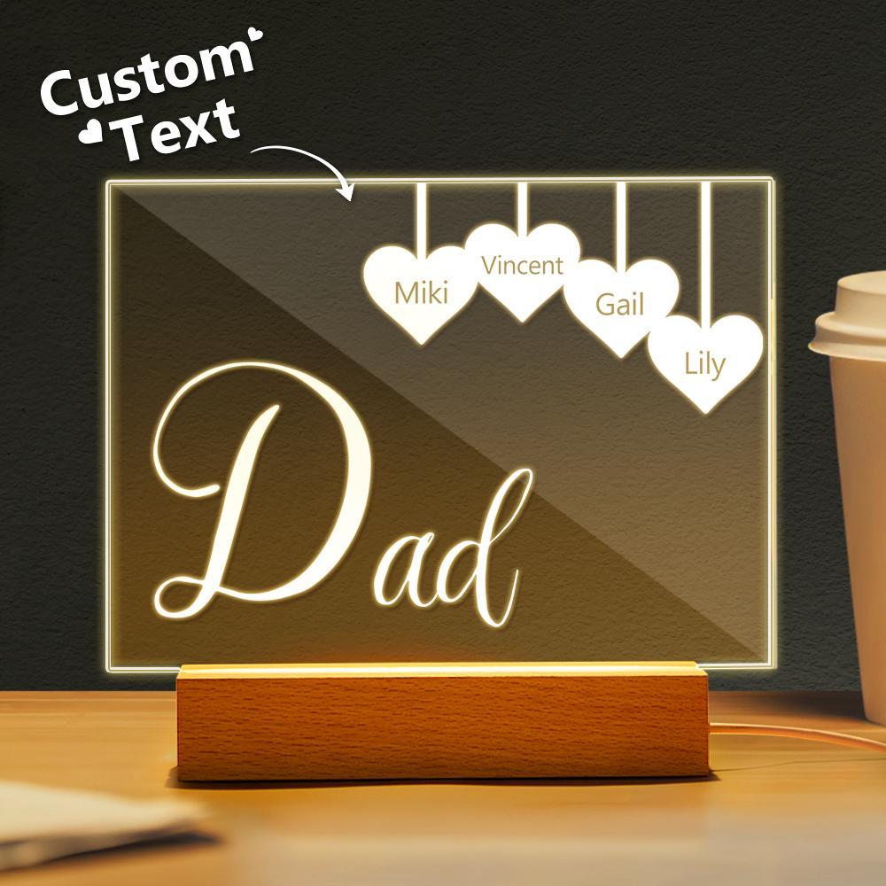 litzzy Personalized Engraved 1-5 Names Night Light Gifts For Dad, Heart Name Custom Photo Night Light, Gift For Father's Day Night Light Four names  