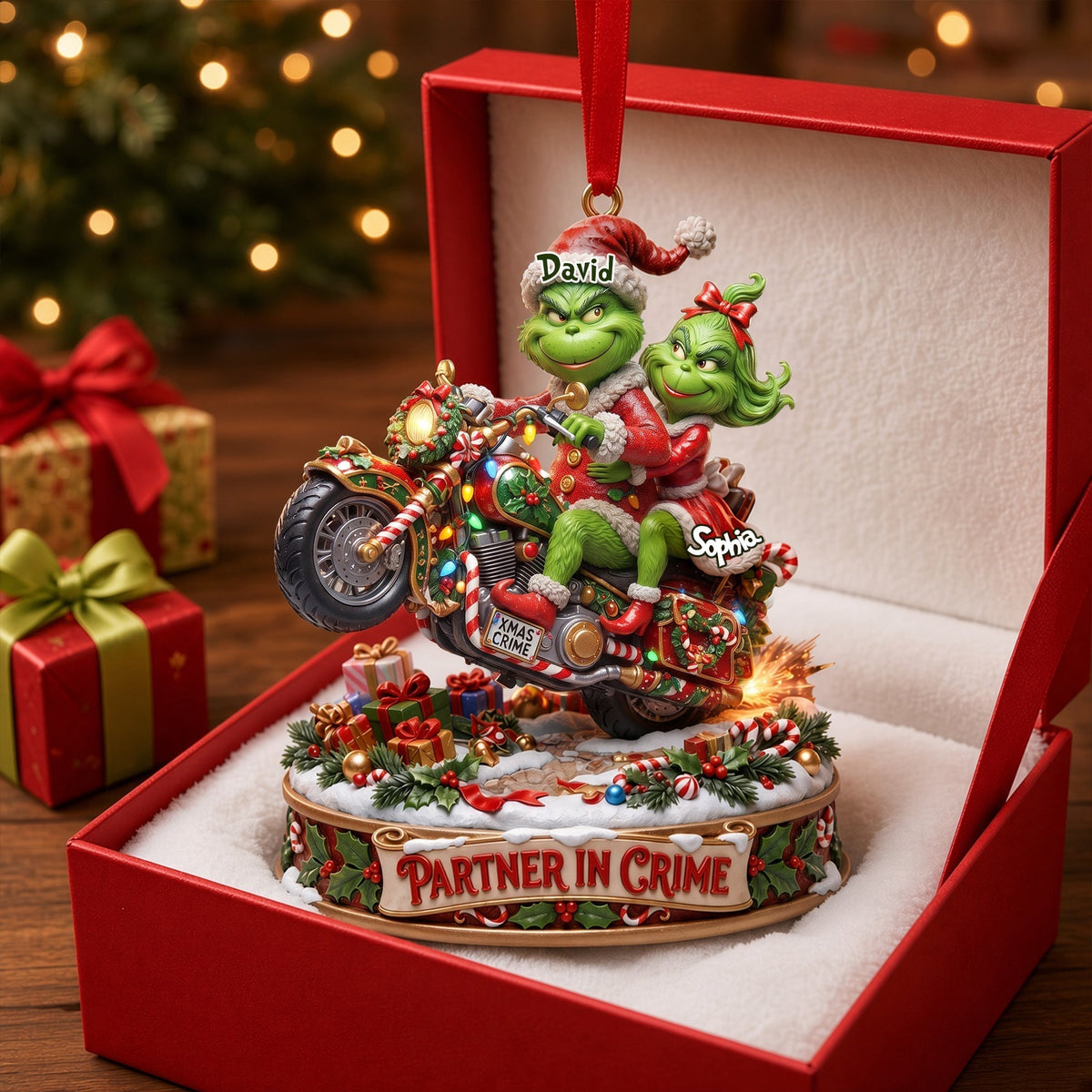 “Partners in Crime: Celebrate Love on Two Wheels” - Monster Riding Couple Ornament, Personalized Gift for Couples Ornament PopCulturePrints