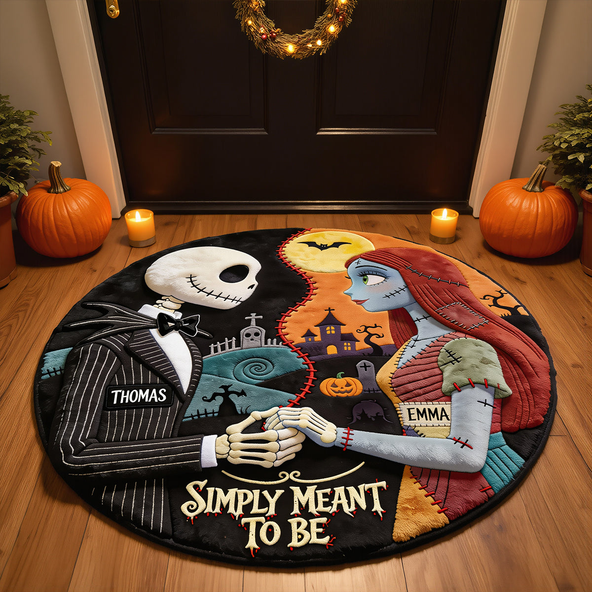 “Embrace the Spooky Spirit!” - Spooky Couple Round Mat - Personalized Halloween Gift for Couples, Friends, and Family Doormat PopCulturePrints
