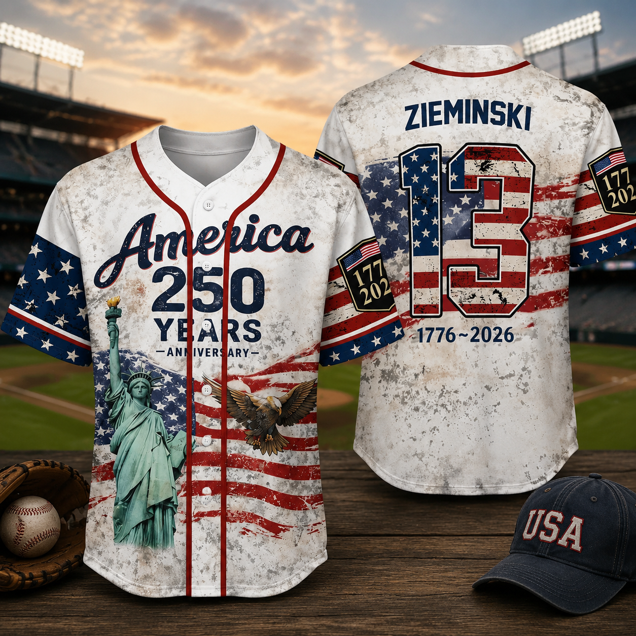 American Flag 250 Years of Freedom Patriotic Eagle Statue of Liberty - Personalized Baseball Jersey - Gift For Patriots