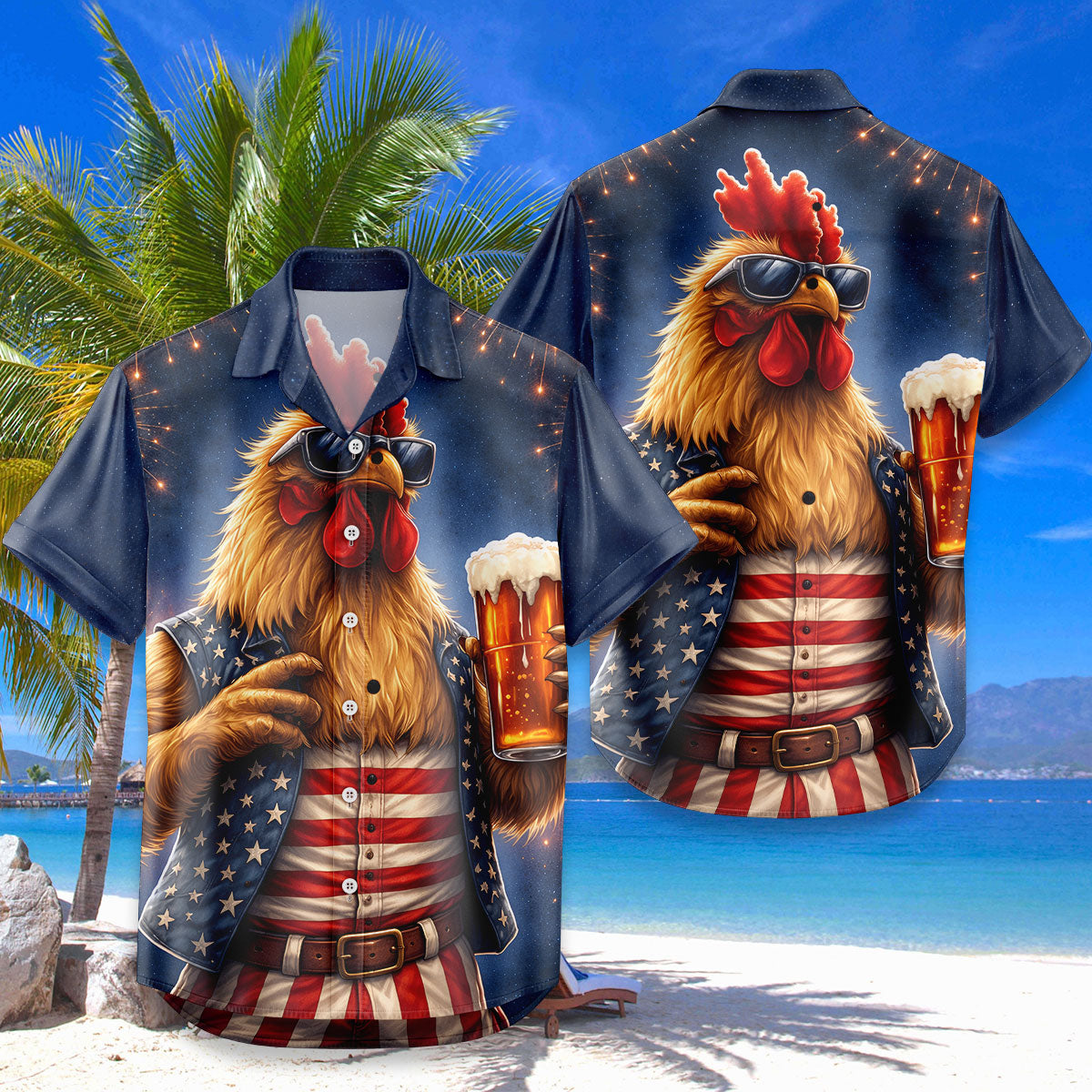 Funny Rooster Drinking Beer American Flag Aloha - Hawaiian Shirt - Gift For Him